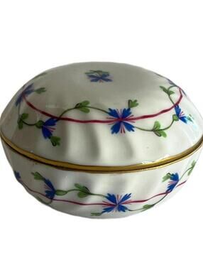 Vintage Herend Trinket Ring Box Bonbonniere Round Blue Garland Timeless Floral